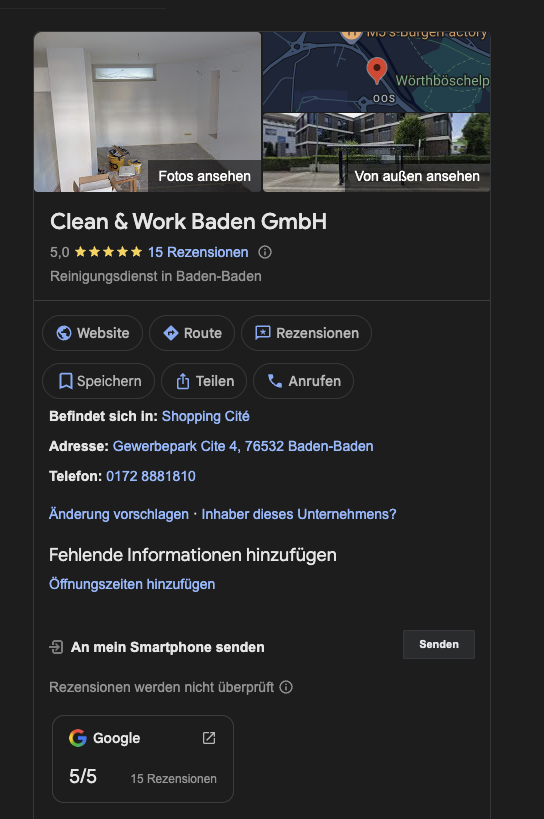Clean & Work – Google Profil Screenshot